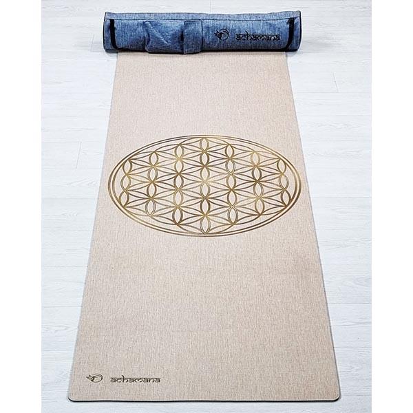 Tapis yoga chanvre Fleur de vie or + sac