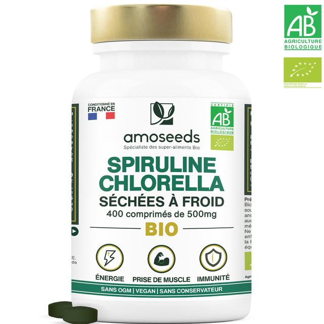 Spiruline et Chlorella Bio | 17% phycocyanine | 400 comprimés