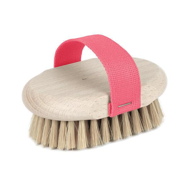 Brosse massage et brossage à sec, bois de hêtre et sangle rose