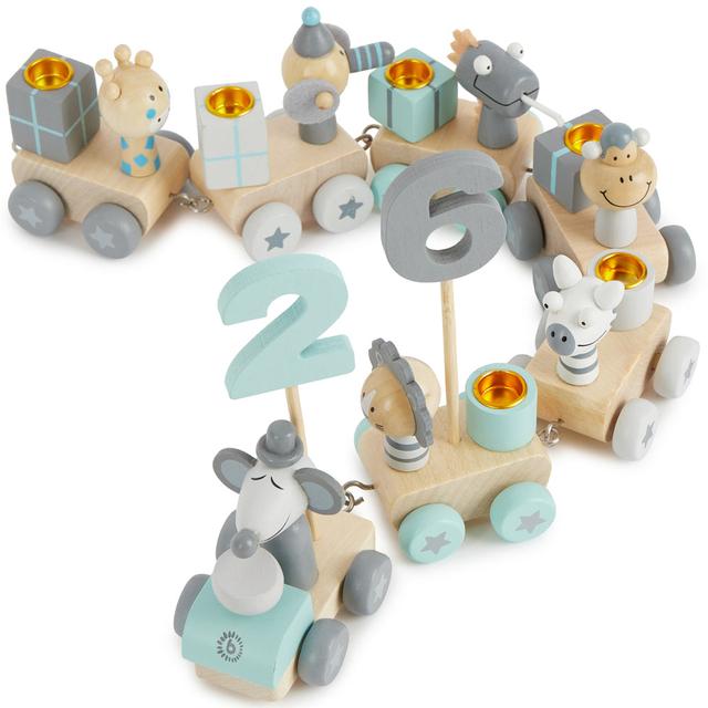 Train d'anniversaire en bois - Animaux - Bleu Gris