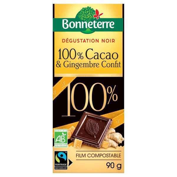 Tablette chocolat noir 100% cacao et gingembre confit 90g