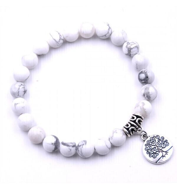 Bracelet spirituel Howlite blanche et symbole Arbre de vie