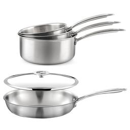 Gourmet  Lot de 3 casseroles inox, 1 poêle inox, 1 couvercle