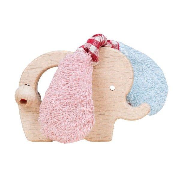 Hochet Bois & Coton Bio Anneau de dentition éléphant Rose Bleu