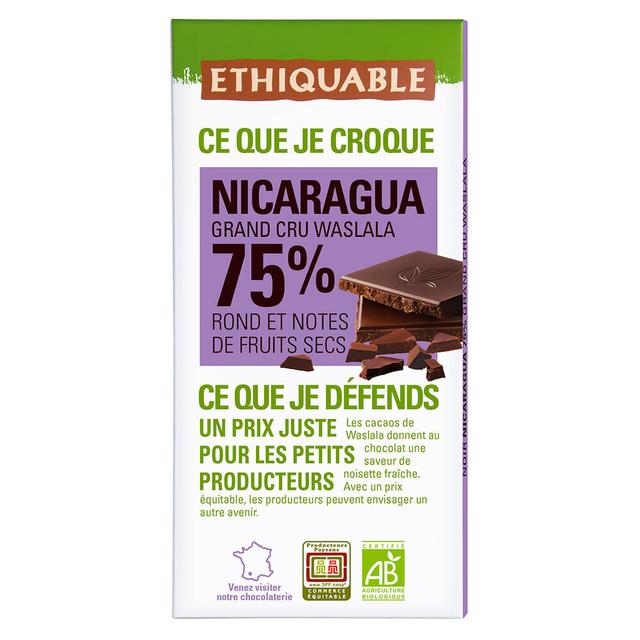 Tablette chocolat noir 75% cacao Nicaragua Bio 100g