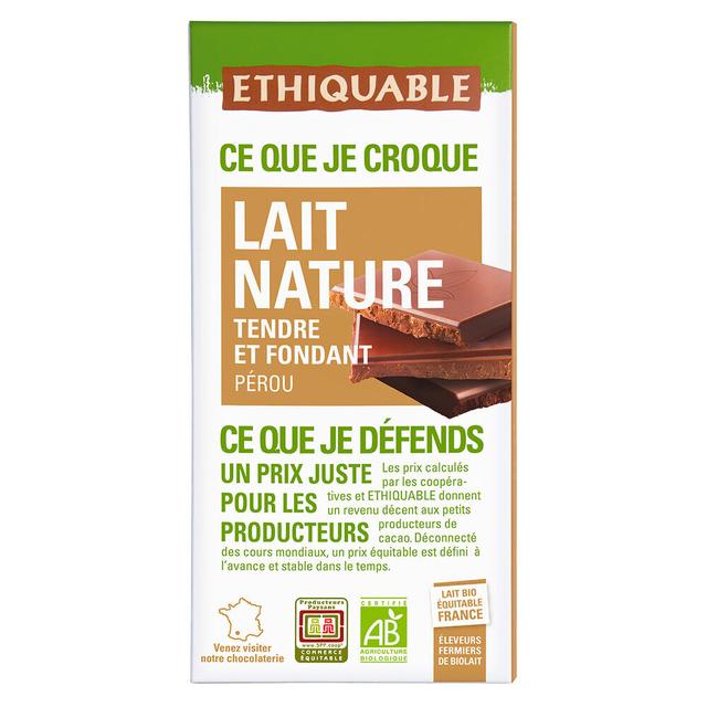 Tablette chocolat lait nature Pérou Bio 100g