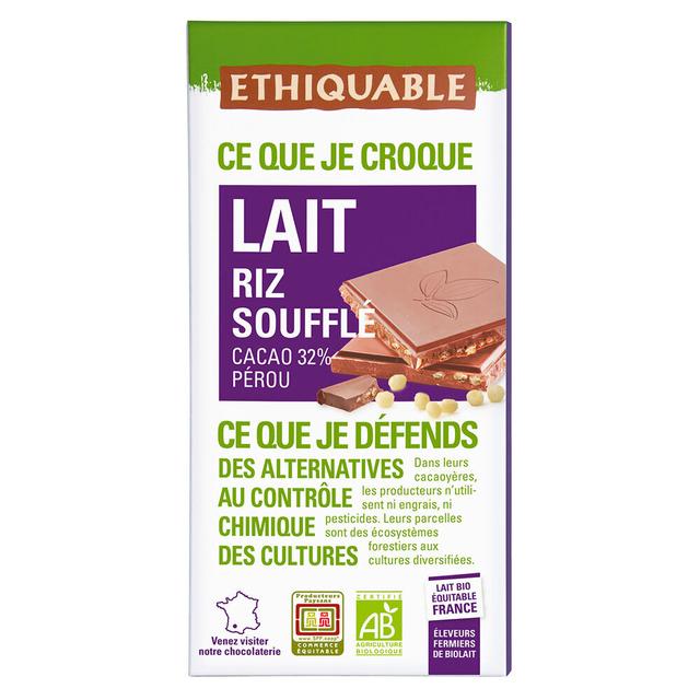 Tablette chocolat lait riz soufflé Pérou Bio 100g