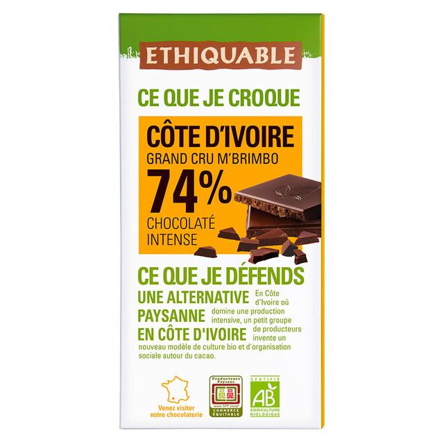 Chocolat noir 74% cacao Côte d'Ivoire Bio 100g