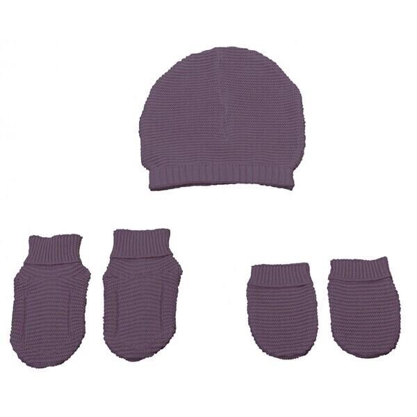 Set bonnet-chausson-moufle 0-3 mois tricot coton bio Rose