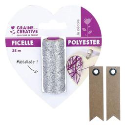 Bobine de ficelle métallisée argent 25 m + 20 étiquettes kraft