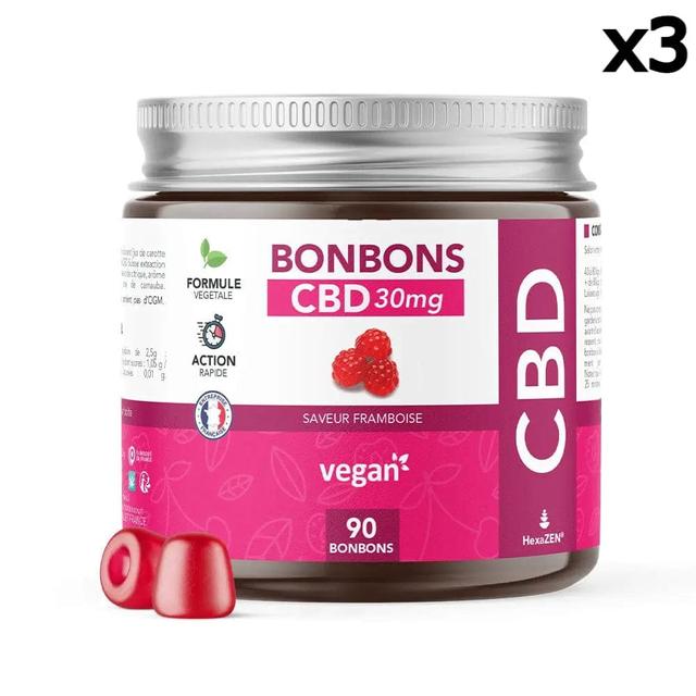 Lot 3 x 90 Gummies CBD Framboise HexaZEN 2700mg, sans THC