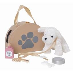 Peluche chien avec sac de transport et accessoires en bois