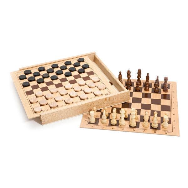 Coffret en bois jeux de dames et d'échecs - Dès 5 ans