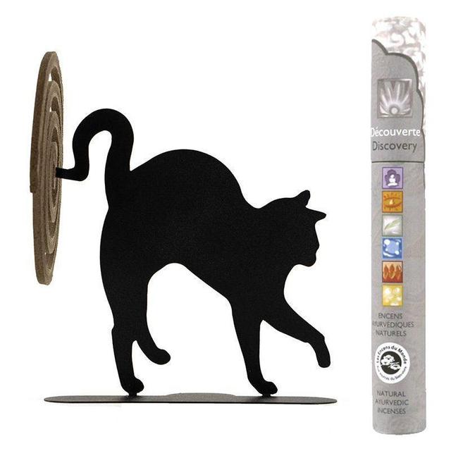 Porte-spirales d'encens chat noir + 14 bâtonnets d'encens