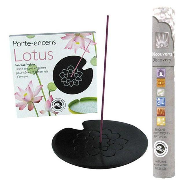 Porte-encens en pierre noire Lotus + 14 bâtonnets d'encens