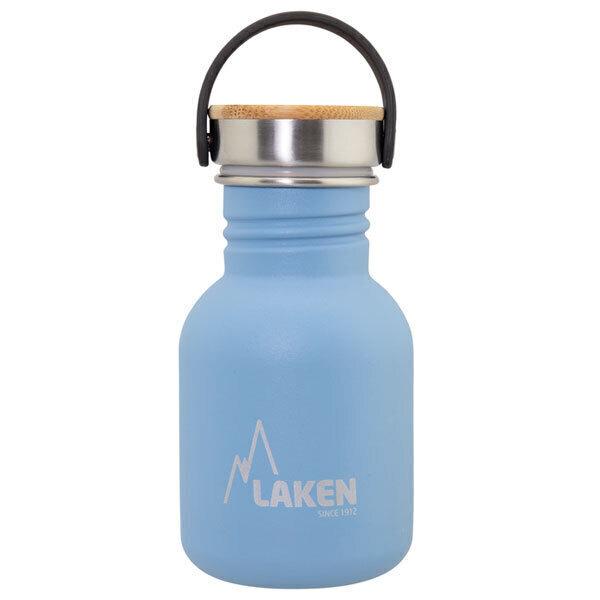 Petite gourde Bleu en inox 350ml, bouchon inox et bambou