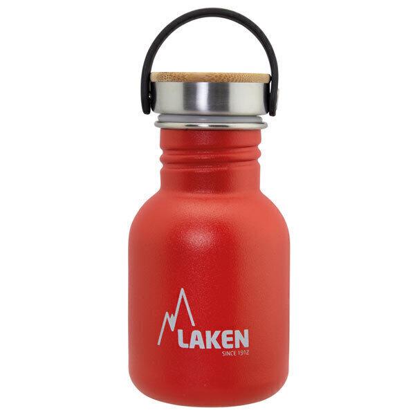 Petite gourde Rouge en inox 350ml, bouchon inox et bambou