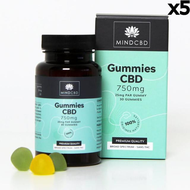 Lot 5 x 30 Gummies CBD Premium 750mg, sans THC, Pomme verte