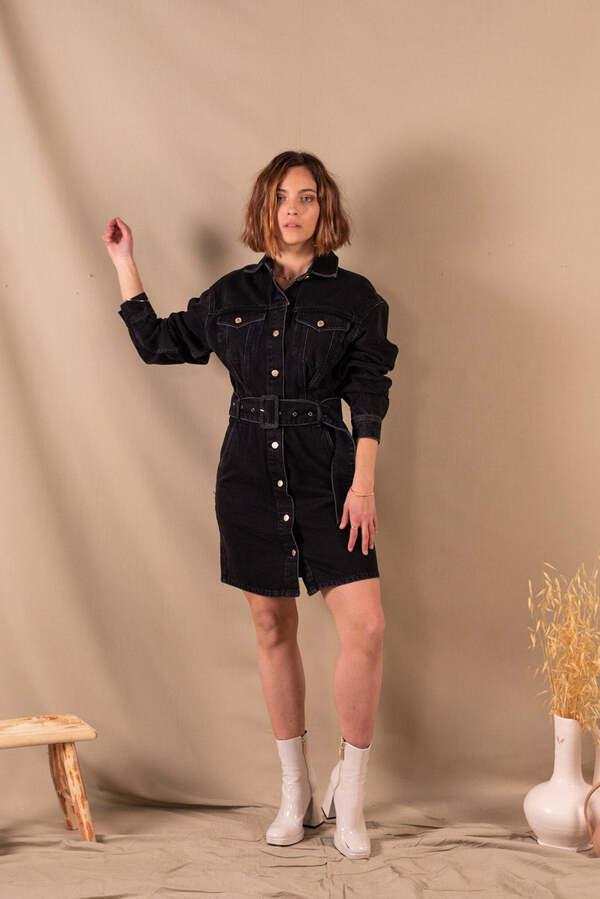 Robe Manches longues en jean noir en coton bio - Romy