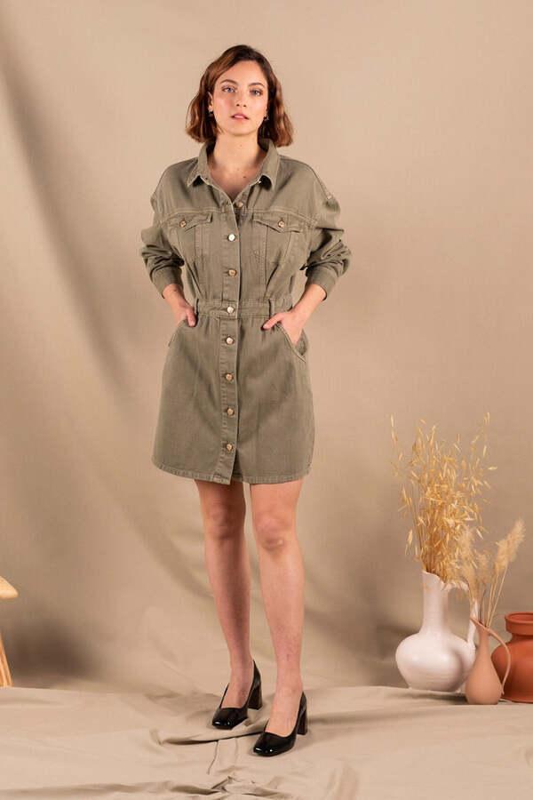 Robe Manches longues en jean vert olive en coton bio - Romy