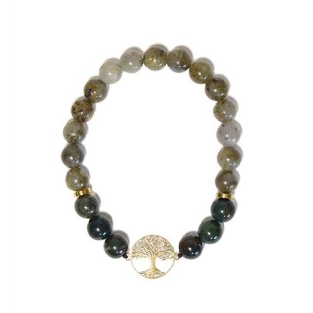 Bracelet Perles rondes Agate Mousse Labradorite Charm Arbre vie