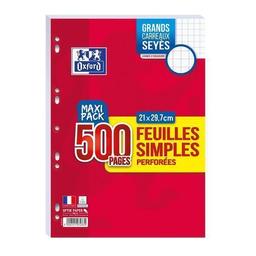 paquet de 500 Pages Feuillets simples A4 seyès perforées 90 g