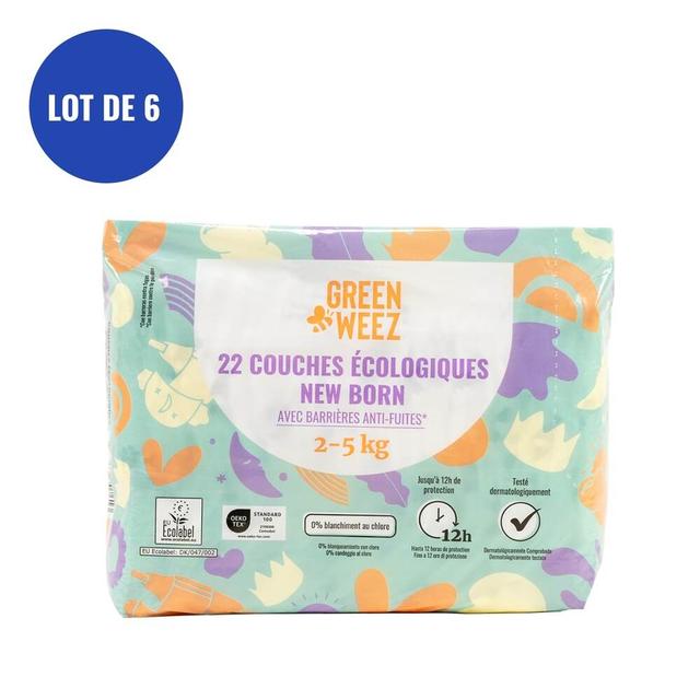 Lot de 6 paquets de couches écologiques T1 New Born 2-5kg x22