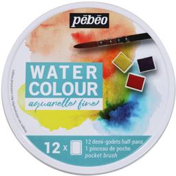 Boîte ronde de 12 demi-godets aquarelle + pinceau à eau