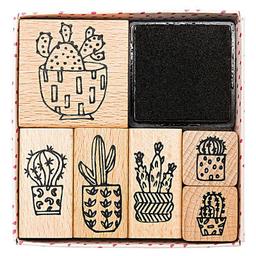 6 tampons en bois avec encreur - cactus