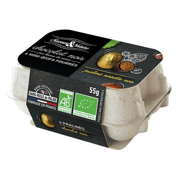 Boîte 6 mini-oeufs au praliné enrobés chocolat noir 55g