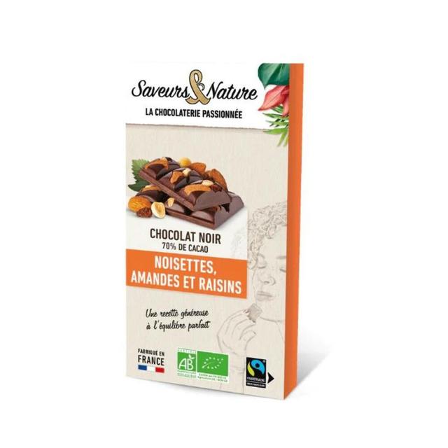 Tablette noir 70% amandes, noisettes, raisins secs