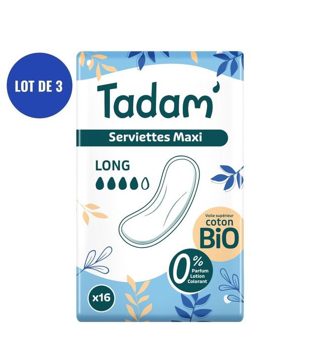 16 Serviettes au Coton BIO Non-Irritantes, Maxi Long