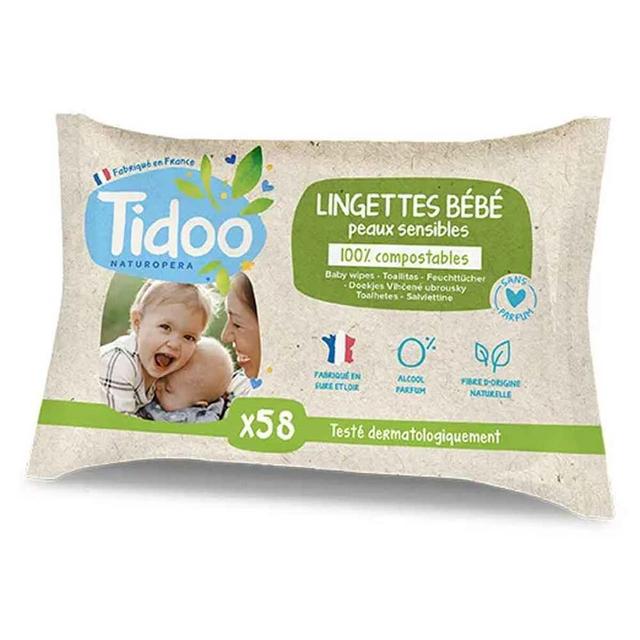 Lingettes bébé peaux sensibles compostables sans parfum x58