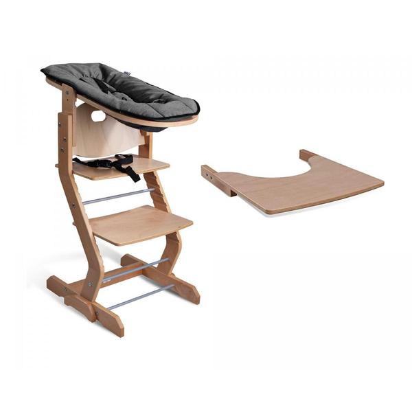 Chaise haute avec attache bébé et plateau en bois naturel