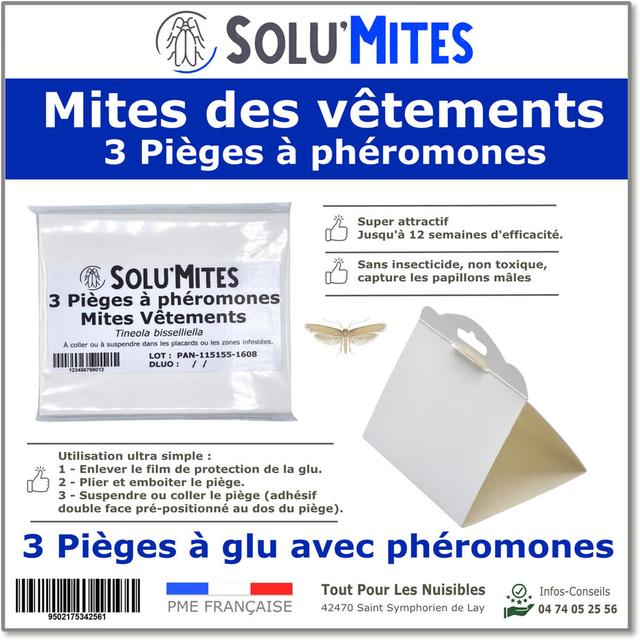 SOLU'MITES-Pièges Phéromones pour Mites du vêtement-Lot 3 pièges