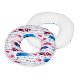 Coussin rond post natal plumes multicolores  blanc