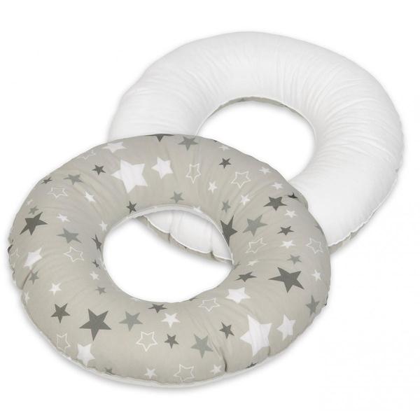 Coussin rond post natal Etoiles girses et blanches sur fond gris