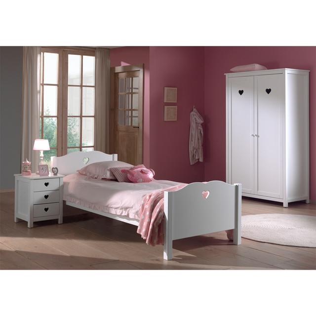 Lit 90x200 - Chevet 3 tiroirs et Armoire 2 portes Amori - Blanc