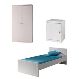 Lit 90x200 - Chevet 1 porte et Armoire 2 portes Robin - Blanc