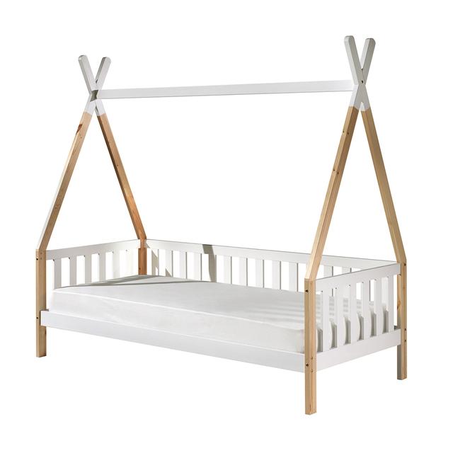 Lit tipi barrière 90x200 sommier inclus - Bois et blanc