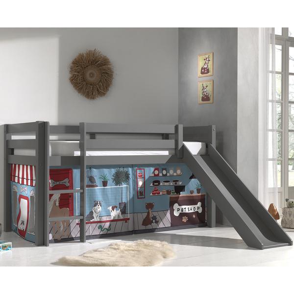 PINO Lit mezzanine avec toboggan pin massif Gris + Rideau pour