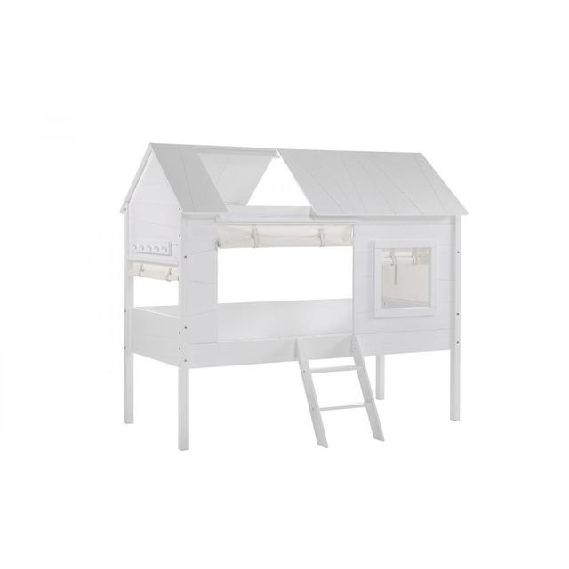 CHARLOTTE Lit cabane pin massif blanc 90x200cm + Rideaux