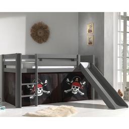 PINO Lit mezzanine avec toboggan pin massif Gris + Rideau pour