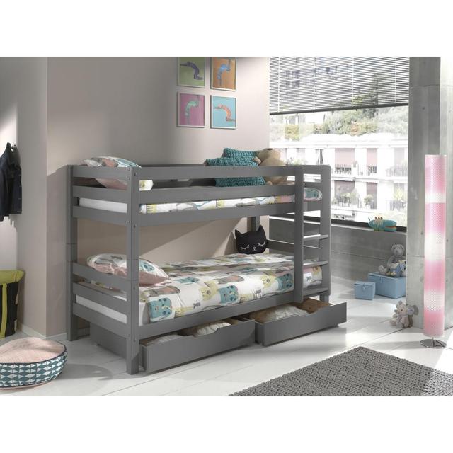 Lit Enfant Superposé Pino 90x200cm Gris Hauteur 140cm + Lot