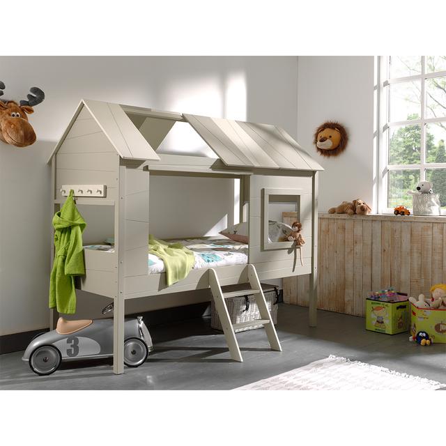 CHARLOTTE Lit cabane pin massif gris et beige + Sommier 16