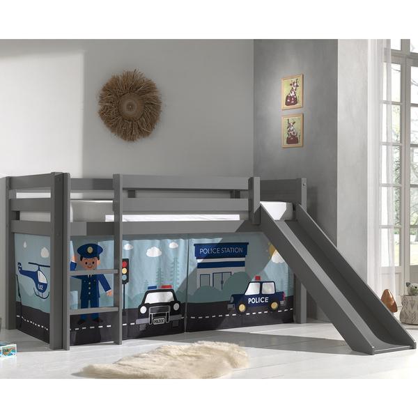 PINO Lit mezzanine avec toboggan pin massif Gris + Rideau pour