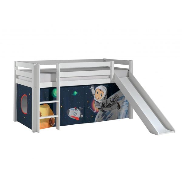 PINO Lit mezzanine avec toboggan pin massif Blanc + Rideau