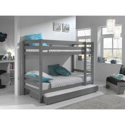 Lit Superpose Enfant Bois Pino 90x200cm Gris Hauteur 160 + Lit