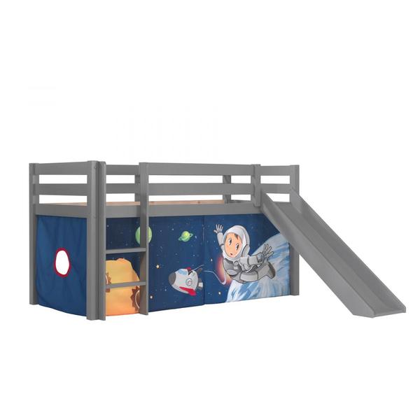 Lit Enfant Surélevé Avec Toboggan Pino 90x200cm Gris + Rideau