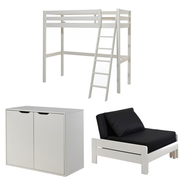 PINO Lit mezzanine 90x200 Blanc + Commode 2 portes + Lit